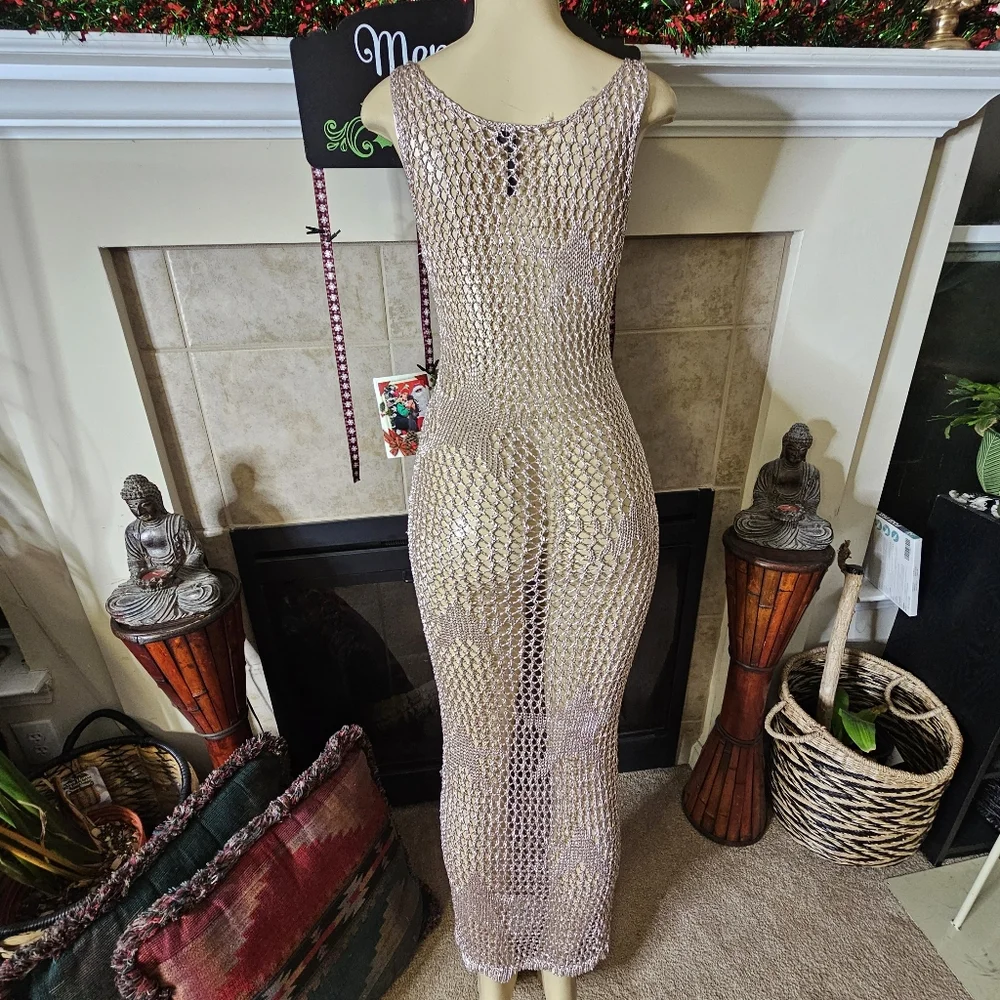 Codigo Crochet Long Knit Metallic Rose Gold Star Dress. Size Small - Picture 3 of 6